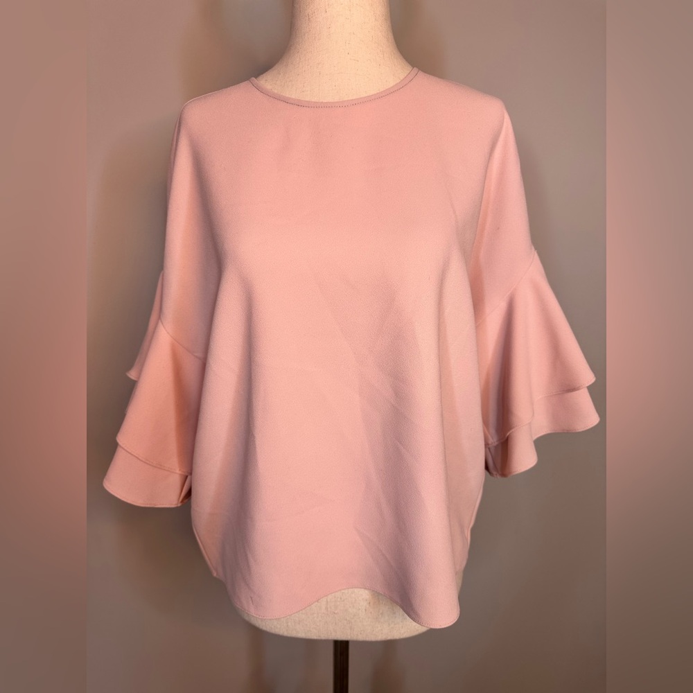 Sz XS Zara Woman pale pink high neck blouse tiered drop sleeve boxy fit